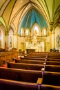 Pews and interesting architecture in St. Peter's Roman Catholic