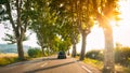 Peyrolles-en-Provence, France. Car in Motion On a country road lined with trees. Bright sunlight at sunset in evening Royalty Free Stock Photo