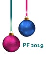 PF 2019, Christmas greeting card design element with realistic pink and blue decorated shiny ball, glass christmas 3d Royalty Free Stock Photo