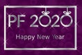 PF Pour Feliciter, Happy new year 2020 greeting card, silver text with shiny glitters and stars in silver frame on