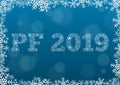 PF 2019 - white text made of snowflakes on background with bokeh effect