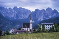 Pfarramt Catholic Church in Gosau in evening light. Upper Austria, Europe. Beauty of countryside concept background