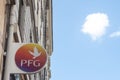 PFG Logo in front of their local agency in Lyon. PFG, or Pompes Funebres Generales, is a French Undertaker and mortician