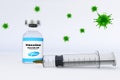 Pfizer and BioNTech american vaccine with a syringe and a container bottle in the treatment of coronavirus disease 2019 COVID-19 c