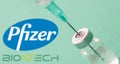 Pfizer and BioNTech logos on blue background, Covid19 vaccine vial and syringe, Coronavirus immunization