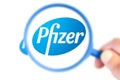 Pfizer research laboratory logotype enlarged with a magnifying glass