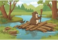 Beaver building dam with twig.Cartoon Abstract art.AI Generated Royalty Free Stock Photo