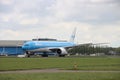 PH-BQK KLM Asia Boeing 777 idle on landing strip Aalsmeerbaan of Amsterdam Schiphol Airport in the Netherlands, parked due to canc Royalty Free Stock Photo