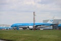 PH-BQL KLM Asia Boeing 777 idle on landing strip Aalsmeerbaan of Amsterdam Schiphol Airport in the Netherlands, parked due to canc Royalty Free Stock Photo