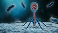 Phage inserting its DNA into a bacterium 3D rendering illustration close-up. Microbiology, medical, bacteriology, biology, science