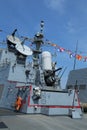 The Phalanx gun on the deck of US Navy guided-missile destroyer USS Farragut