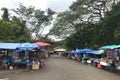 Phang Nga, Thailand - December 1, 2017: Many souvenir and food shops near the temple of monkeys Wat Suwan Khuha, Phang Nga