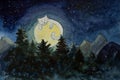 Fantasy painting of a cat on the moon over the forest Royalty Free Stock Photo