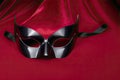 A phantom of the opera mask against a rich, velvet red background, accentuating its dramatic allure.