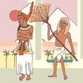 Pharaoh with fan-bearer at palace and pyramids background