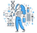 Pharma research to create new drugs, vaccines or other medicine, vector illustration of scientist working in laboratory searching