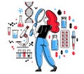 Pharma research to create new drugs, vaccines or other medicine, vector illustration of scientist working in laboratory searching