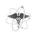 Pharmaceutical caduceus logo design. custom snake creeping stick with wings illustration. Asclepius`s Wand vector symbol design