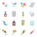 Pharmaceutical drugs, pills capsules and bottles flat icons set. Royalty Free Stock Photo