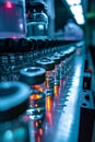 Pharmaceutical facility with automated production line of vaccines and liquid medicines. Row of sterile vaccine vials on Royalty Free Stock Photo