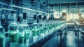 Pharmaceutical and healthcare products on a modern production line. Technicians in the manufacturing facility. Generative AI