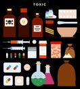 Pharmaceutical illustration of medical pills and bottles. Medical cure and flat medicament and vitamin. Pharmacy theme