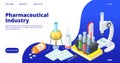 Pharmaceutical industry landing page. Isometric drugs development vector web banner. Chemical equipment, pills, vitamins Royalty Free Stock Photo