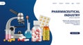 Pharmaceutical industry landing page. Medicine, research laboratory vector web banner. Realistic pills and lab equipment