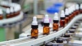 Pharmaceutical manufacturing glass bottles on automated conveyor line for efficient production Royalty Free Stock Photo