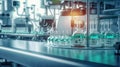 Pharmaceutical manufacturing, modern production factory. Glass bottles on a conveyor line. Life sciences industry. Generative AI Royalty Free Stock Photo