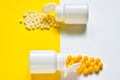 Pharmaceutical medicament pills on yellow background.  Pharmaceutical medicament. Dietary supplements, vitamins,drugs, Pharmacy, M Royalty Free Stock Photo