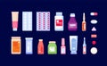 Pharmaceutical medications. Pharmacy bottle, medicinal drug and pills. Cartoon flat painkiller, drugstore antibiotic