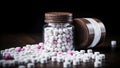Large Group of Pills Spilling From Capsule Container on Black Background Royalty Free Stock Photo
