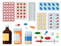 Pharmaceutical tablet, pill and liquid icon set