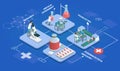 Pharmaceutical production isometric multistore composition with research, medical experiments, production of medicines Royalty Free Stock Photo