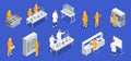 Pharmaceutical production isometric set of laboratory equipment icons and human characters of scientists in biohazard suits vector Royalty Free Stock Photo