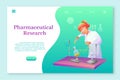 Pharmaceutical research lnding page template. Biochemist making research flat character