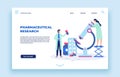 Pharmaceutical research. Scientists lab, pharmaceutics scientist and laboratory researchers landing page vector illustration