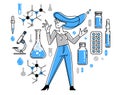 Pharmaceutical research vector illustration, scientist working on new drugs medicine, chemist job.