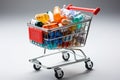 Pharmaceutical shopping trolley loaded with blister pill, capsule, pharmacy essentials