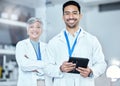 Pharmaceutical, tablet and portrait of a scientific team standing with confidence in laboratory. Happy, smile and