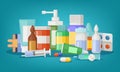 Pharmaceutical vector illustration of medical bottles and pills