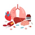 Pharmaceuticals medicaments for various organs of human body treatment illustration. Heart, lungs, liver, brain. Pills