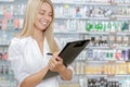 Pharmacist accounting the product in drugstore