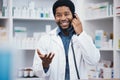 Pharmacist, black man or phone call in patient help, customer consulting or telehealth medicine service in drugstore