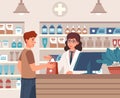 Pharmacist and patient. Pharmacist consultant and patient in drugstore interior, client buys medication, pharma healthcare vector