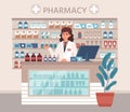 Pharmacist. Pharmaceutical consultant behind counter in drugstore, shelves with medication, pharma consultation