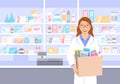 Pharmacist in pharmacy holds bag with medicines Royalty Free Stock Photo