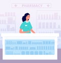 Pharmacist. Pharmacy store medications, hospital drugstore. Pharmaceutical nurse behind counter. Flat young drugs seller Royalty Free Stock Photo