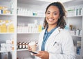 Pharmacist, phone or portrait of happy woman with coffee texting in pharmacy to contact email or online chat. Social